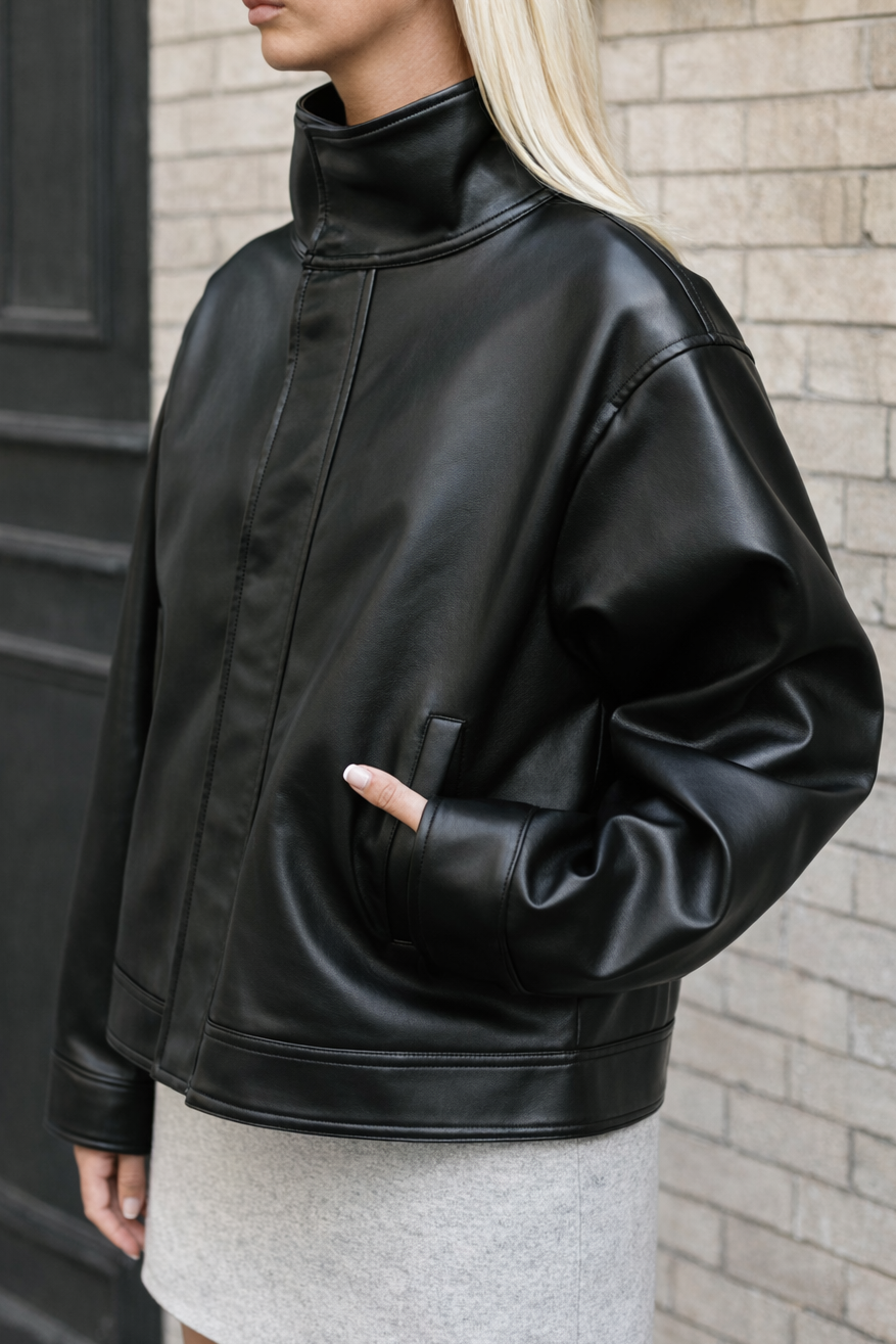 Mock Neck Vegan Leather Jacket – steph alise Mock Neck Vegan Leather Jacket – steph alise