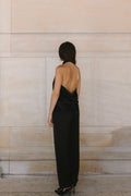 steph alise satin cowl back top worn with the satin straight leg trousers