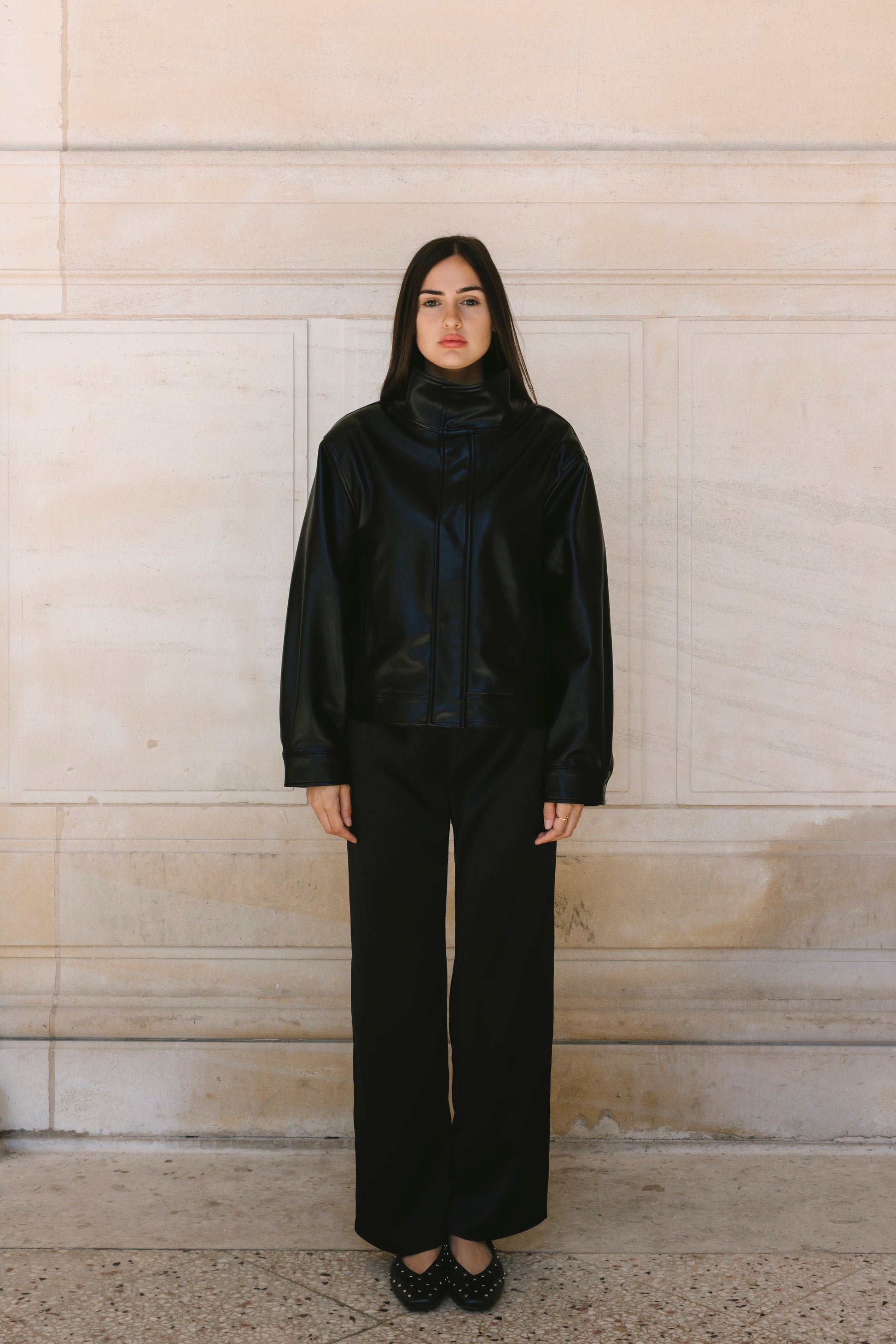 Mock Neck Vegan Leather Jacket