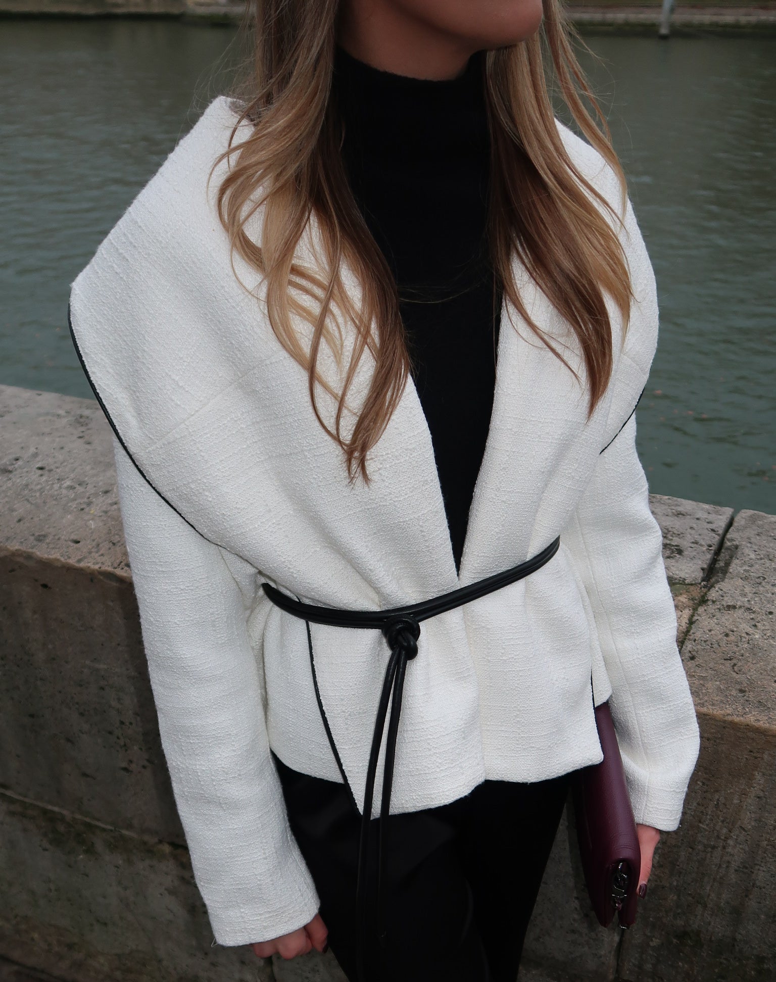 Bouclé Jacket with Leather Tie Belt