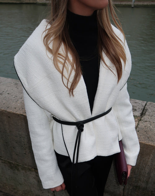 Faux leather piping on the lapel of the steph alise boucle jacket