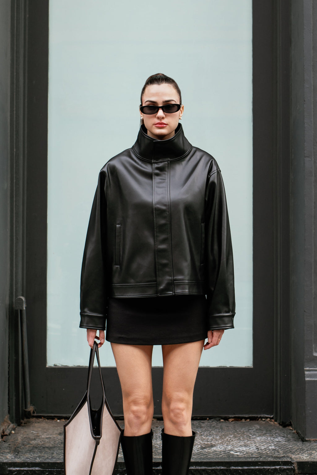 Mock Neck Vegan Leather Jacket