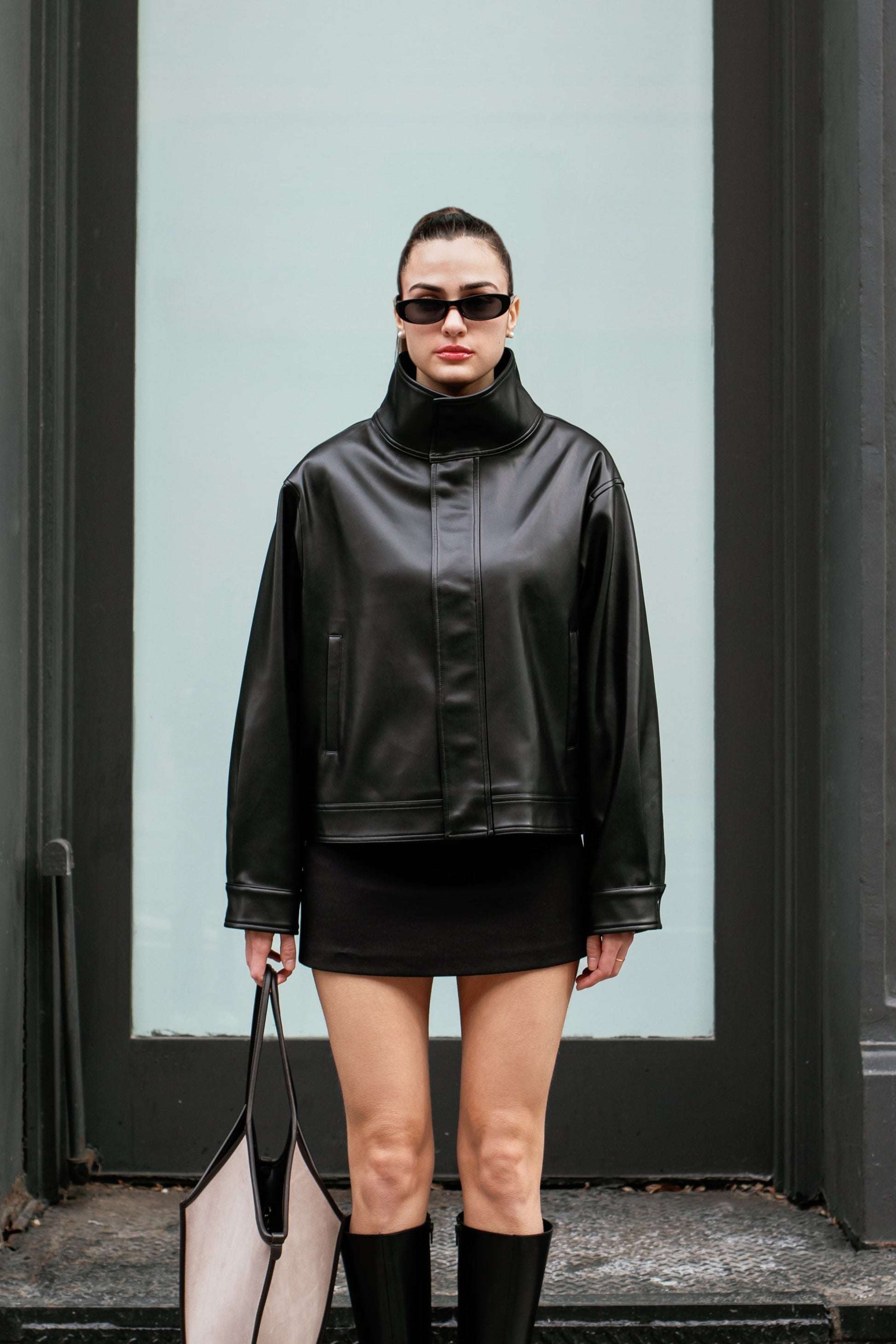 Mock Neck Vegan Leather Jacket