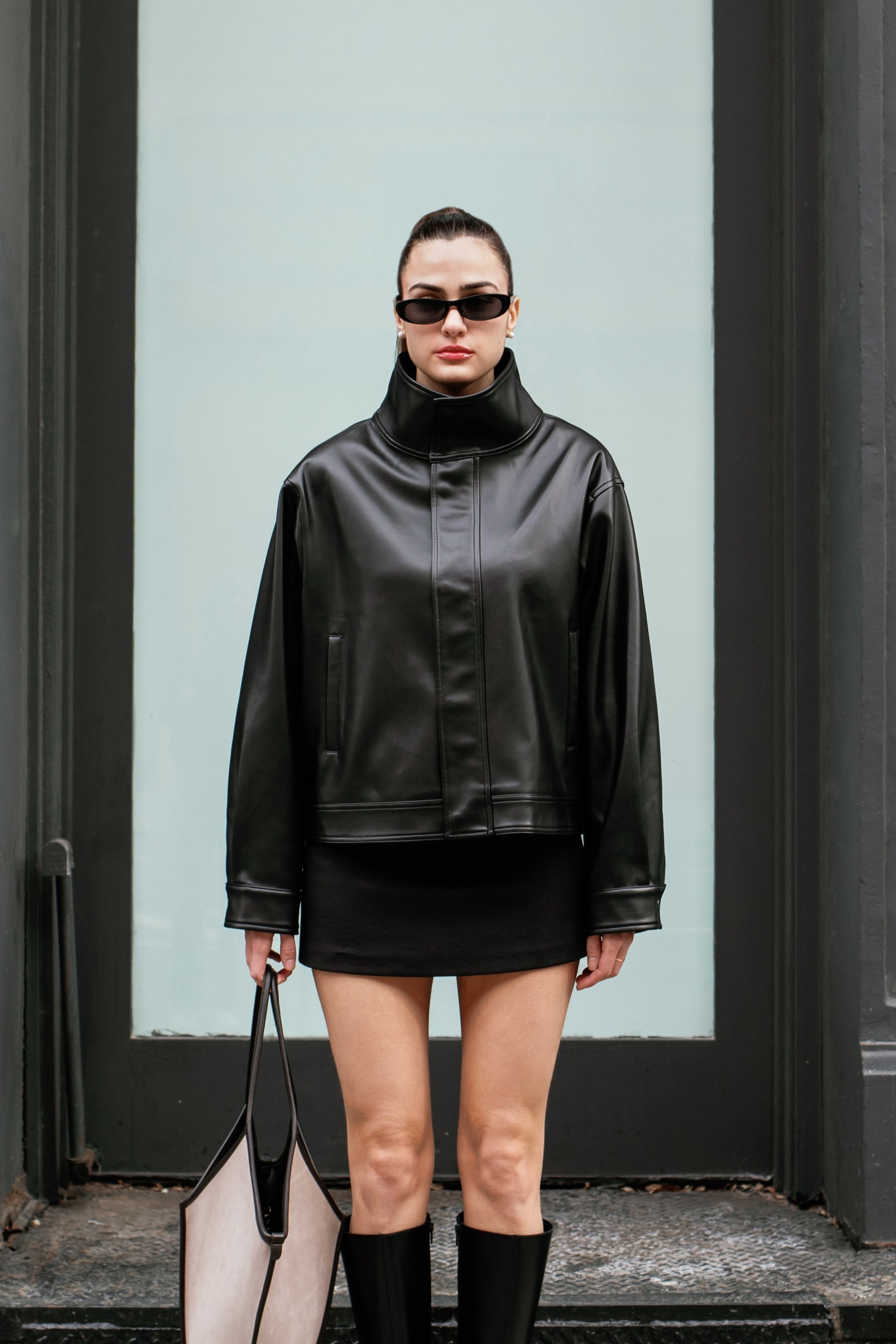 Mock Neck Vegan Leather Jacket
