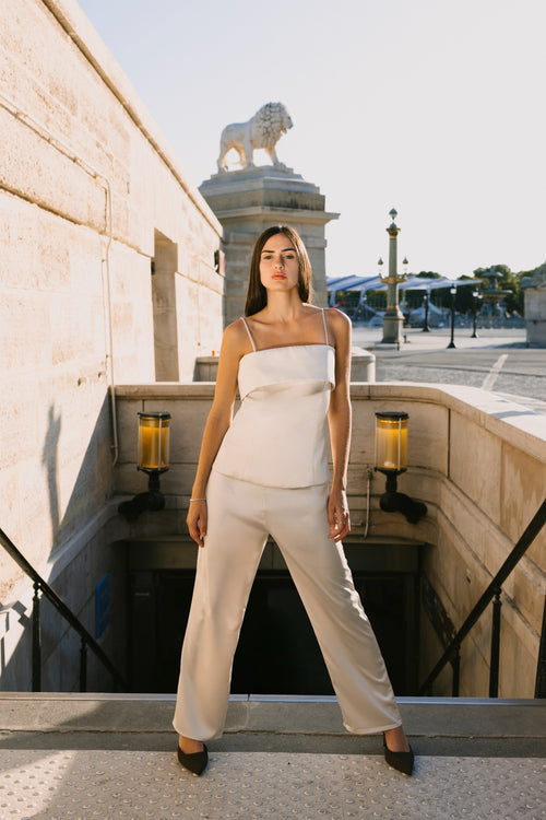 steph alise cream satin foldover tank worn as a set with the cream satin trousers