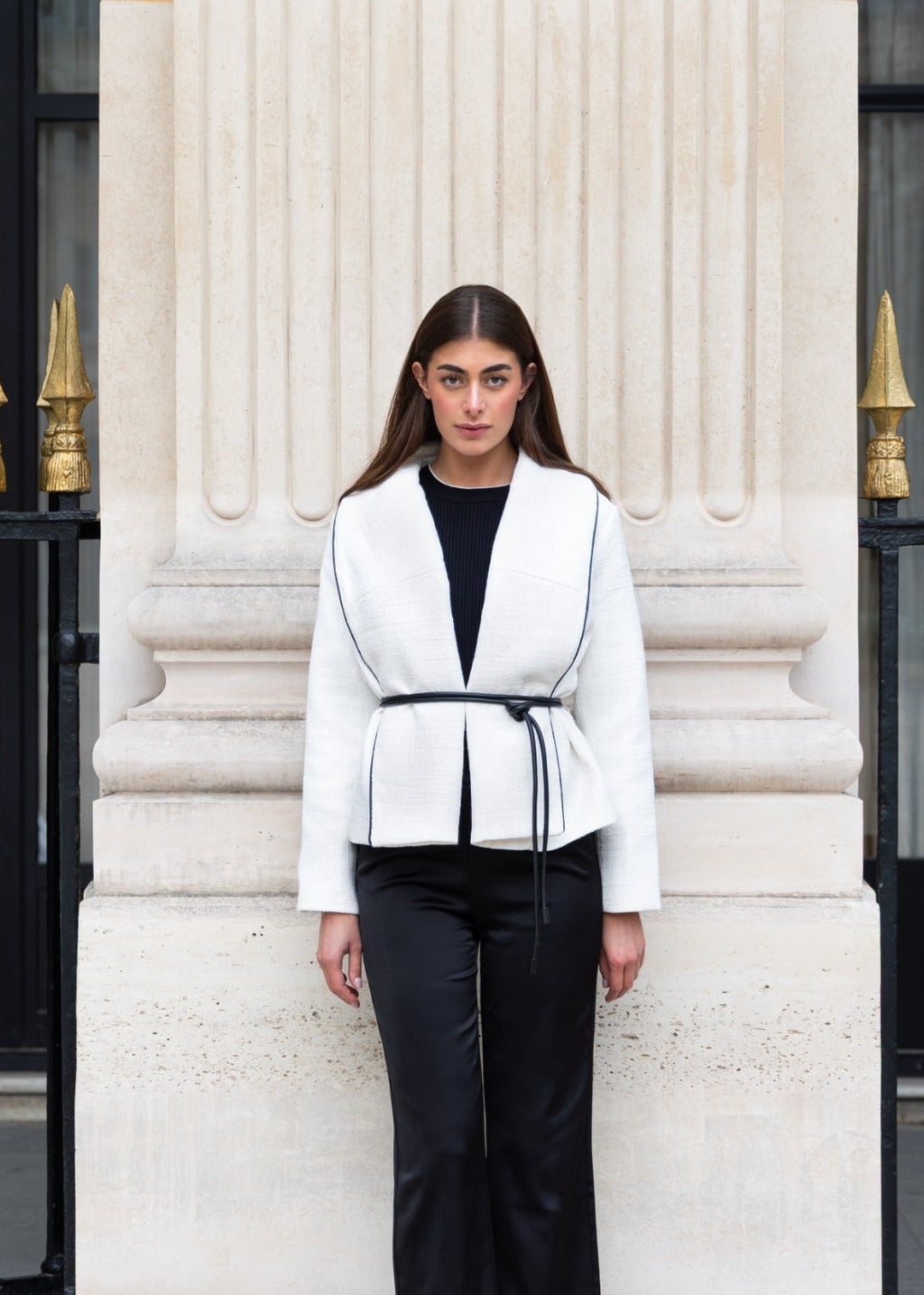 Bouclé Jacket with Leather Tie Belt
