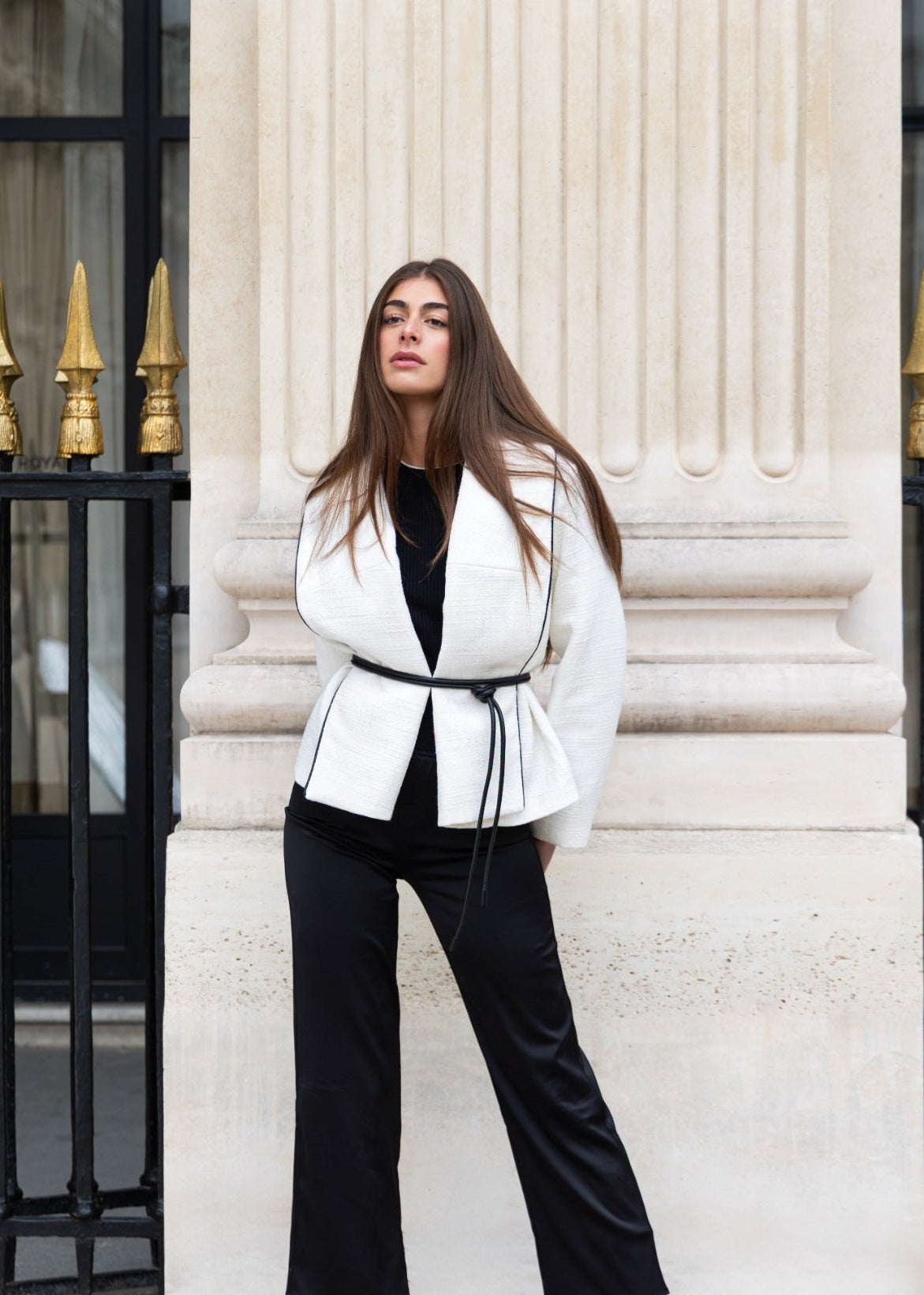 Boucle Jacket with Faux Leather Tie Belt | steph alise