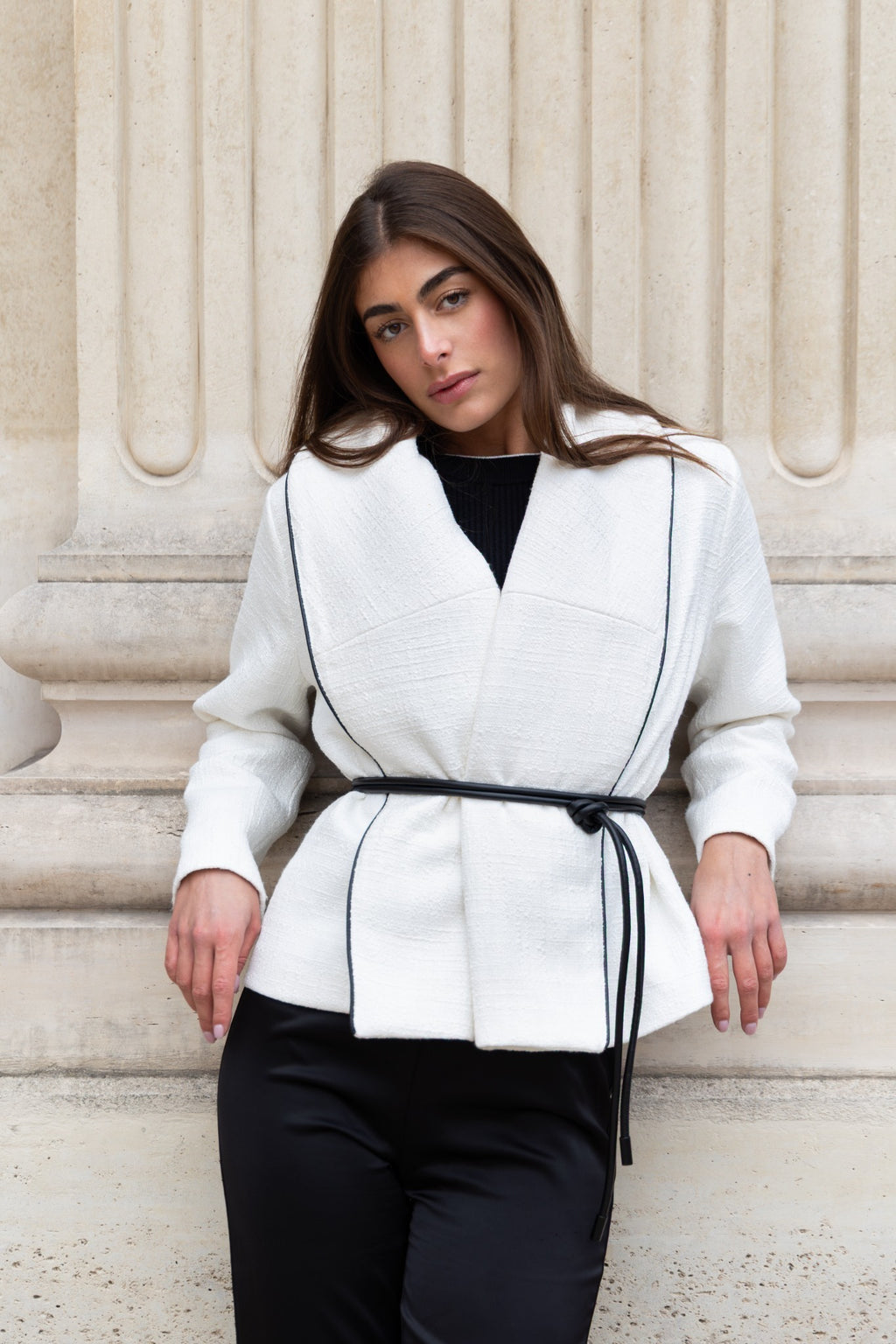 Bouclé Jacket with Leather Tie Belt